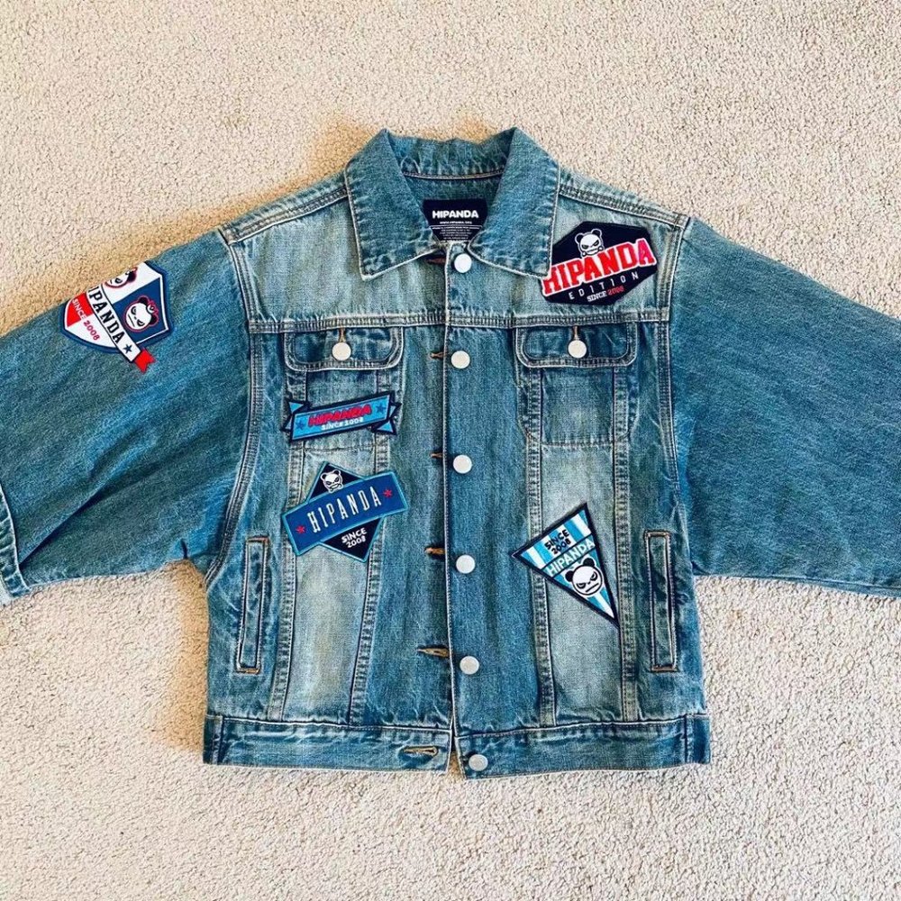 New Hi Panda Embroidered Patched Denim Jacket M